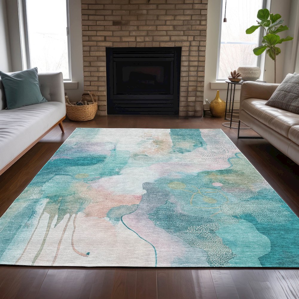 Machine Washable Indoor/Outdoor Chantille ACN2019 Turquoise 8' x 10' Rug. Picture 6