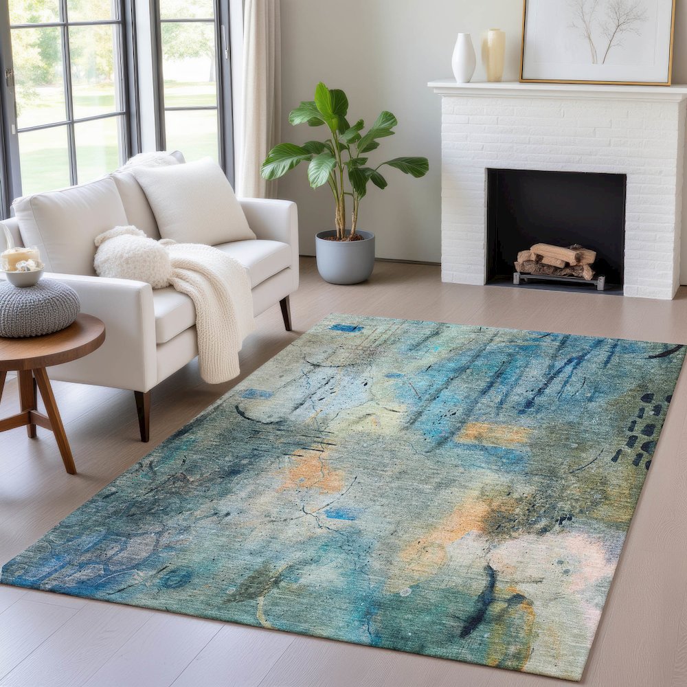 Machine Washable Indoor/Outdoor Chantille ACN2032 Teal 8' x 10' Rug. Picture 5