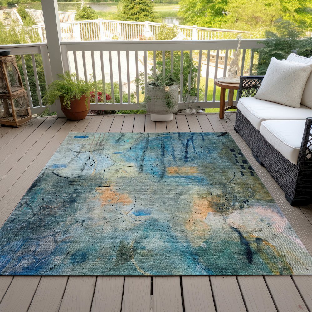 Machine Washable Indoor/Outdoor Chantille ACN2032 Teal 8' x 10' Rug. Picture 8