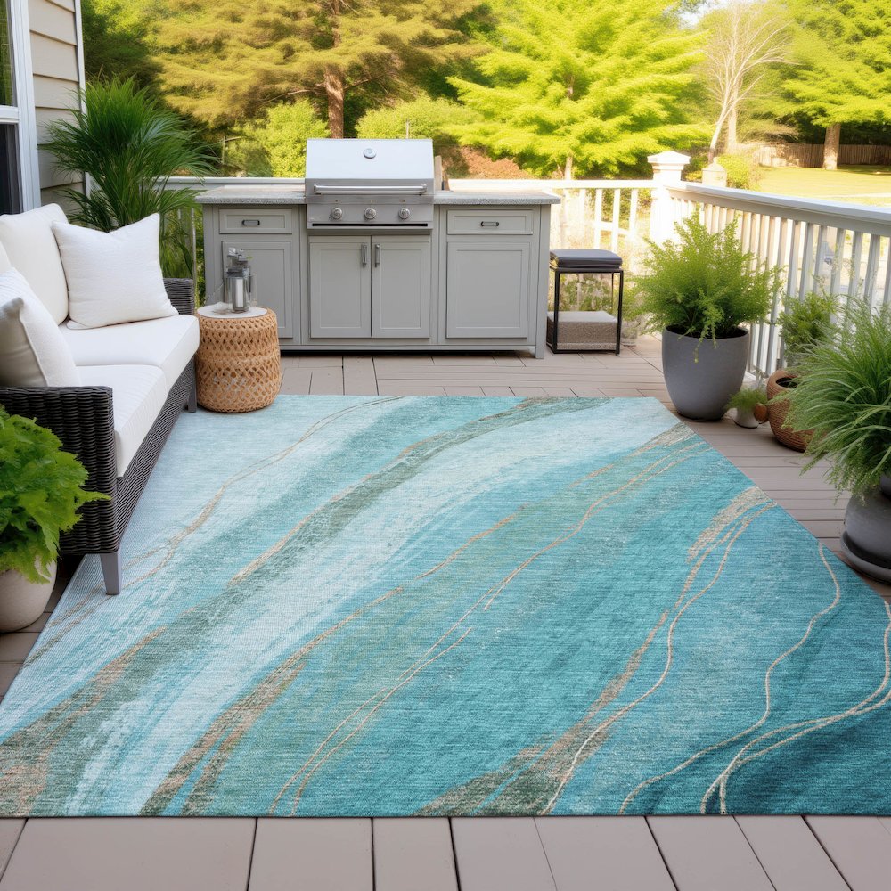 Machine Washable Indoor/Outdoor Chantille ACN2036 Turquoise 8' x 10' Rug. Picture 7