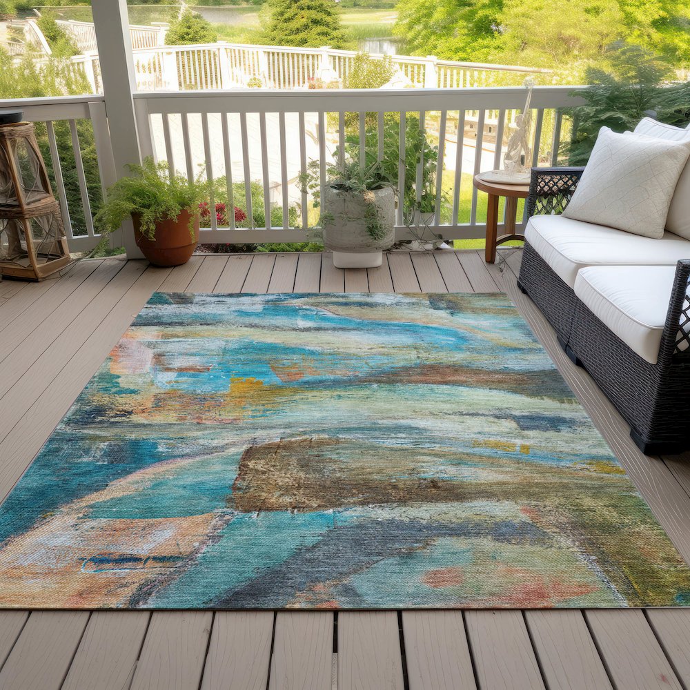Machine Washable Indoor/Outdoor Chantille ACN2039 Teal 8' x 10' Rug. Picture 8