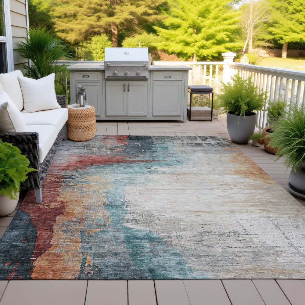 Machine Washable Indoor/Outdoor Chantille ACN2041 Teal 8' x 10' Rug. Picture 7