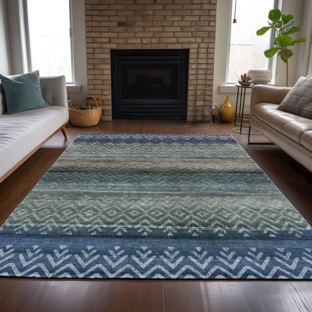 Machine Washable Indoor/Outdoor Chantille ACN2042 Blue 8' x 10' Rug. Picture 6