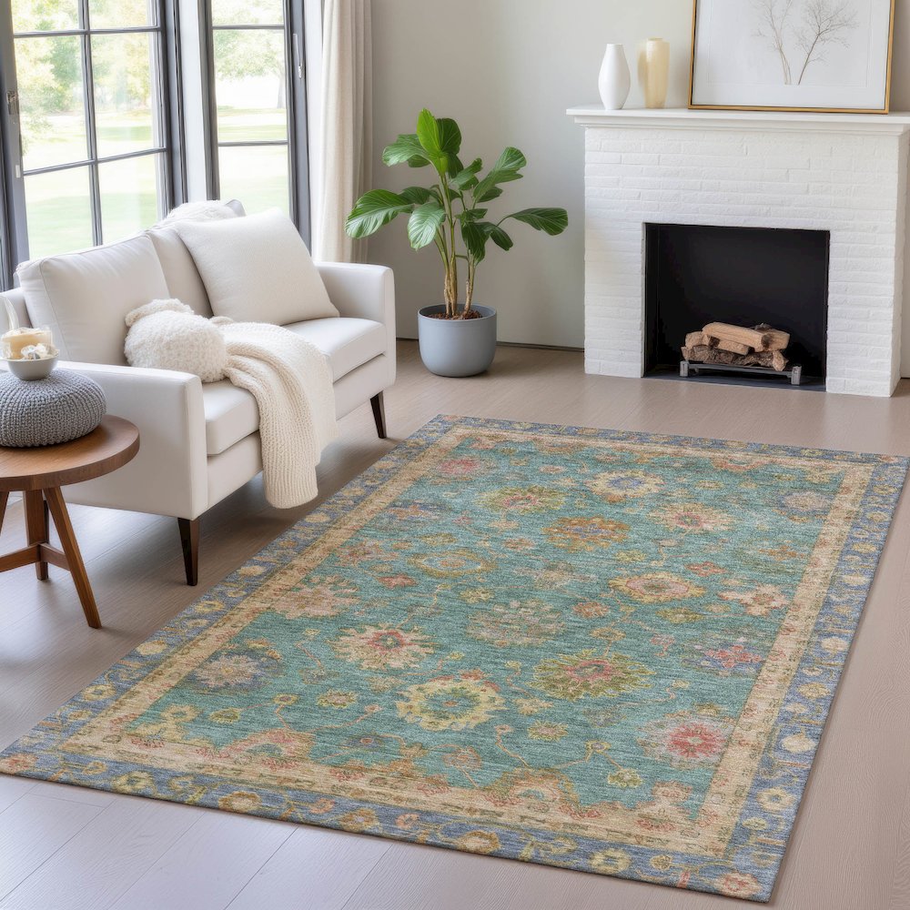 Machine Washable Indoor/Outdoor Chantille ACN2045 Teal 8' x 10' Rug. Picture 5