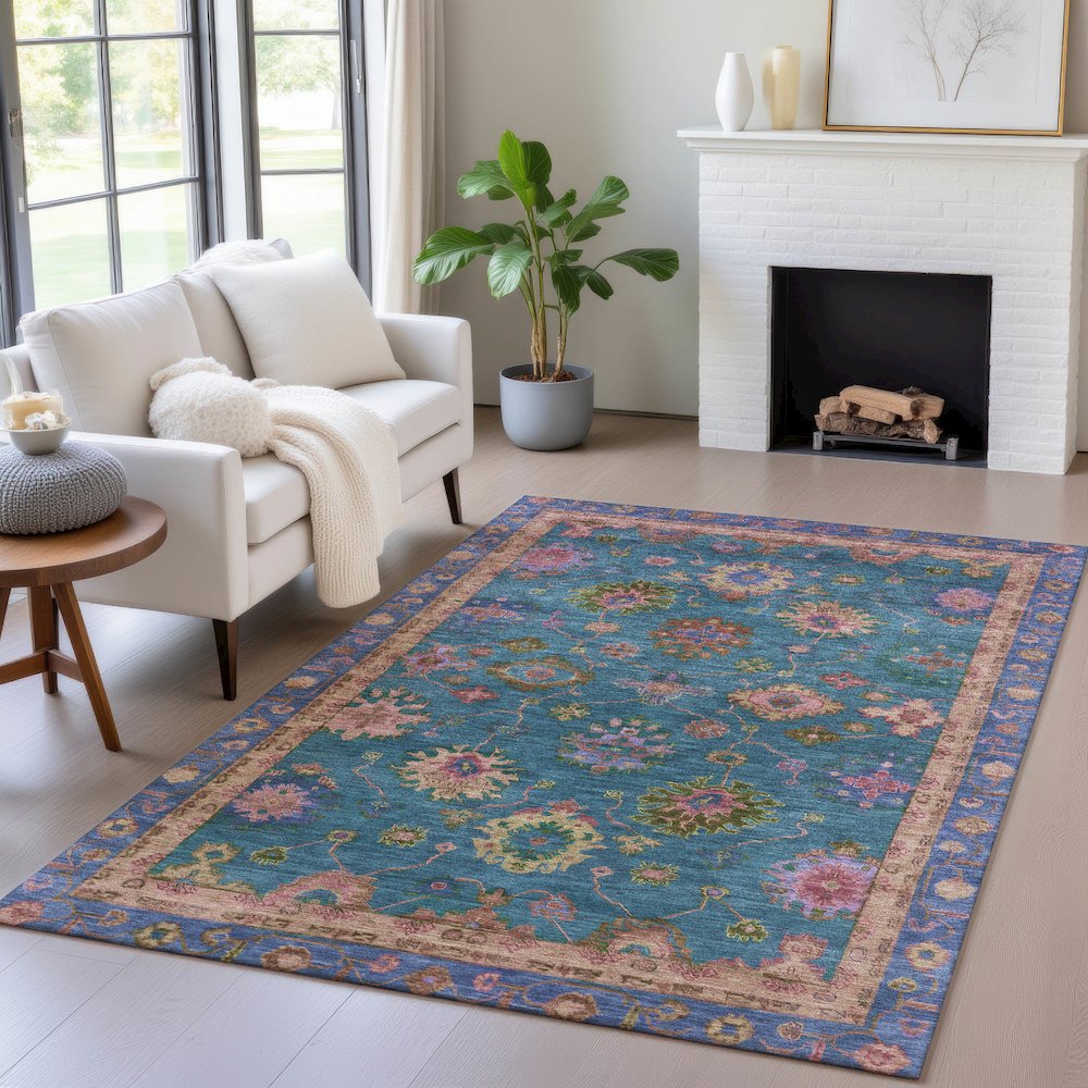 Machine Washable Indoor/Outdoor Chantille ACN2046 Teal 8' x 10' Rug. Picture 5