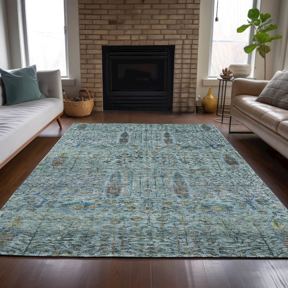 Machine Washable Indoor/Outdoor Chantille ACN2053 Teal 8' x 10' Rug. Picture 6
