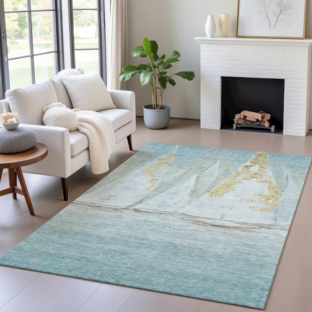 Machine Washable Indoor/Outdoor Chantille ACN2084 Teal 8' x 10' Rug. Picture 5