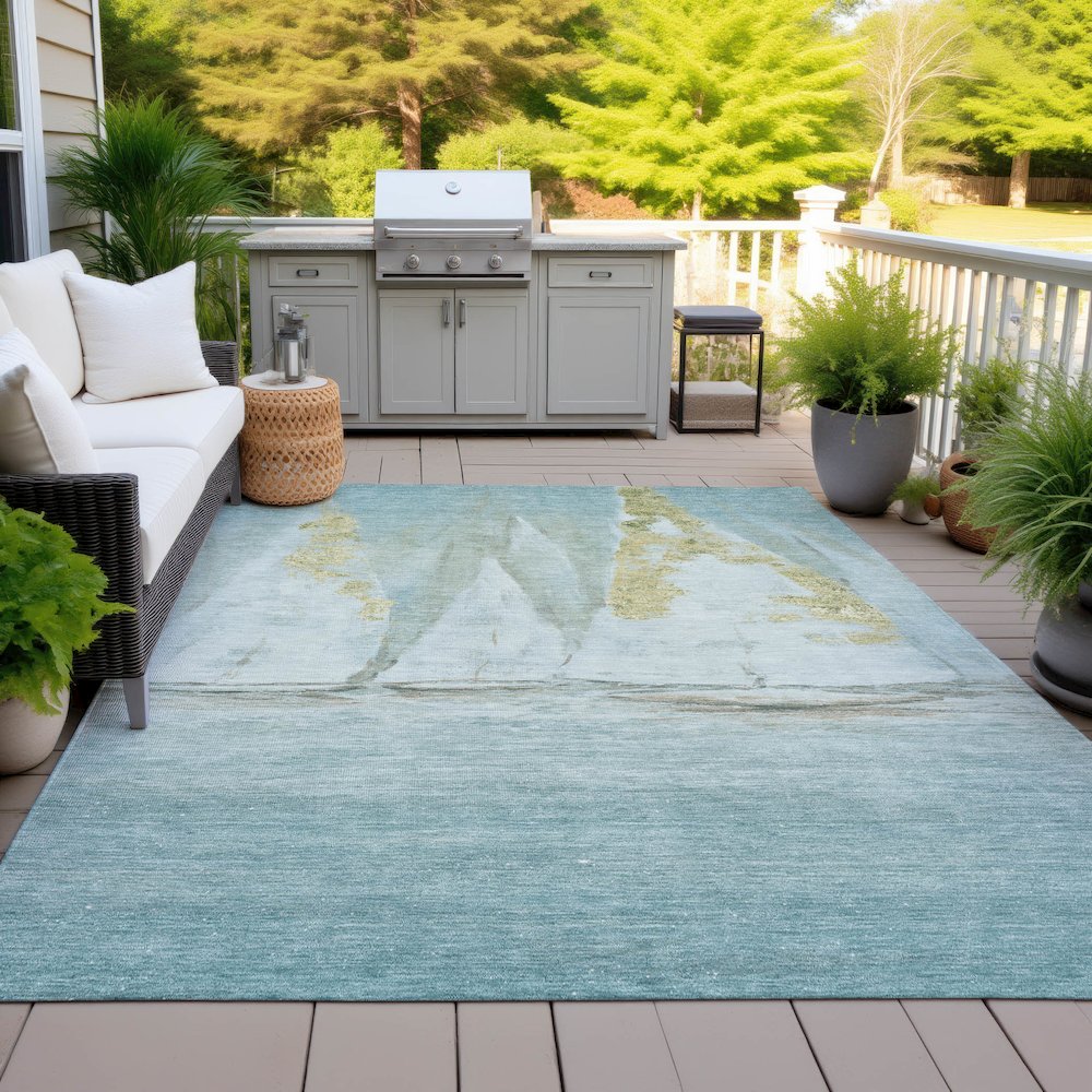 Machine Washable Indoor/Outdoor Chantille ACN2084 Teal 8' x 10' Rug. Picture 7