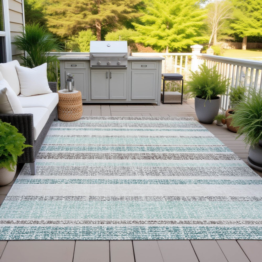 Machine Washable Indoor/Outdoor Chantille ACN2122 Teal 8' x 10' Rug. Picture 7