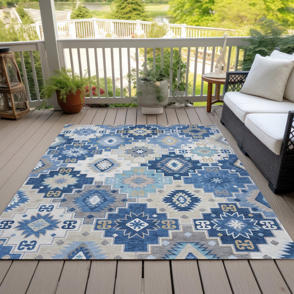 Machine Washable Indoor/Outdoor Chantille ACN2123 Blue 8' x 10' Rug. Picture 8