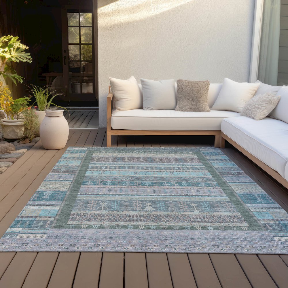 Machine Washable Indoor/Outdoor Chantille ACN2160 Teal 8' x 10' Rug. Picture 7