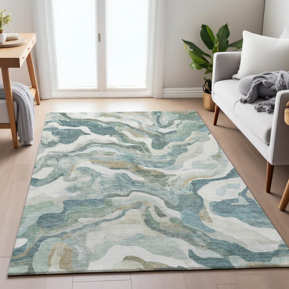Machine Washable Indoor/Outdoor Chantille ACN2162 Teal 8' x 10' Rug. Picture 5