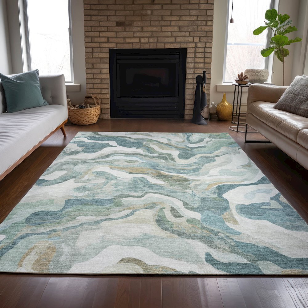 Machine Washable Indoor/Outdoor Chantille ACN2162 Teal 8' x 10' Rug. Picture 6