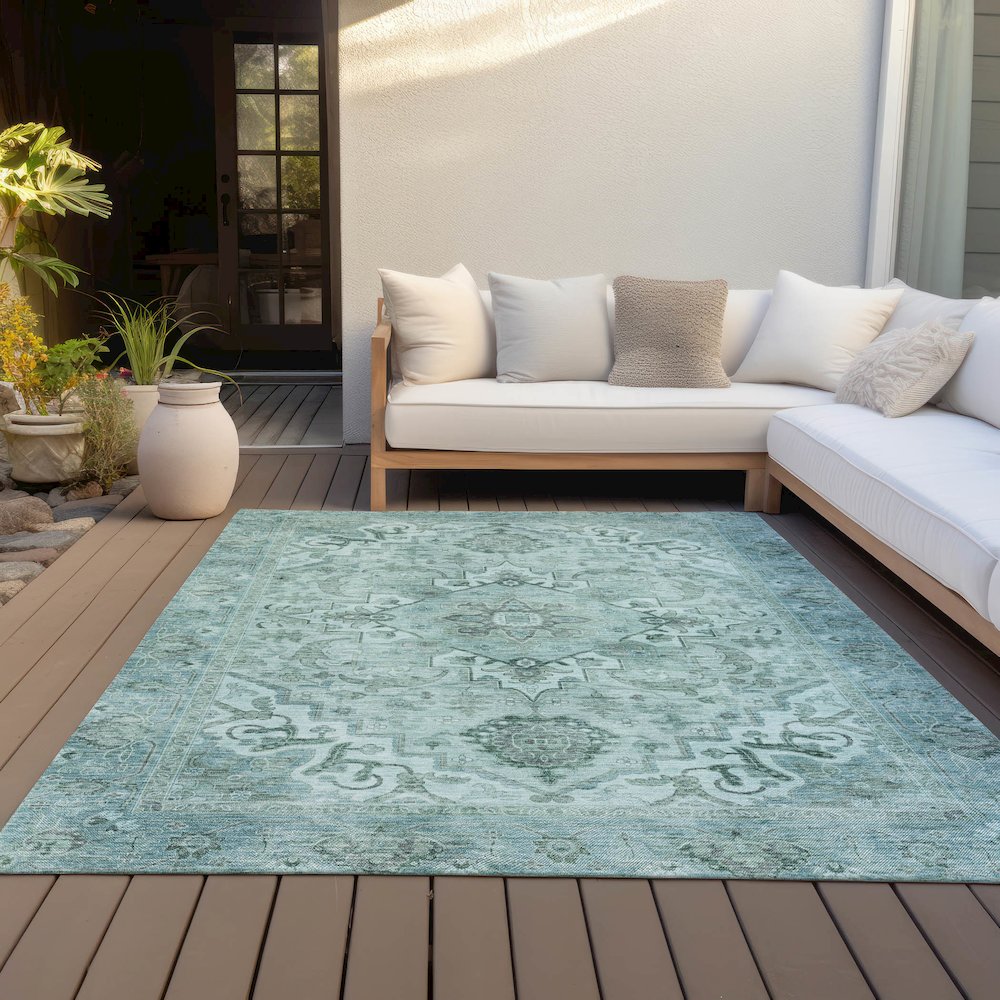 Machine Washable Indoor/Outdoor Chantille ACN2164 Teal 8' x 10' Rug. Picture 7