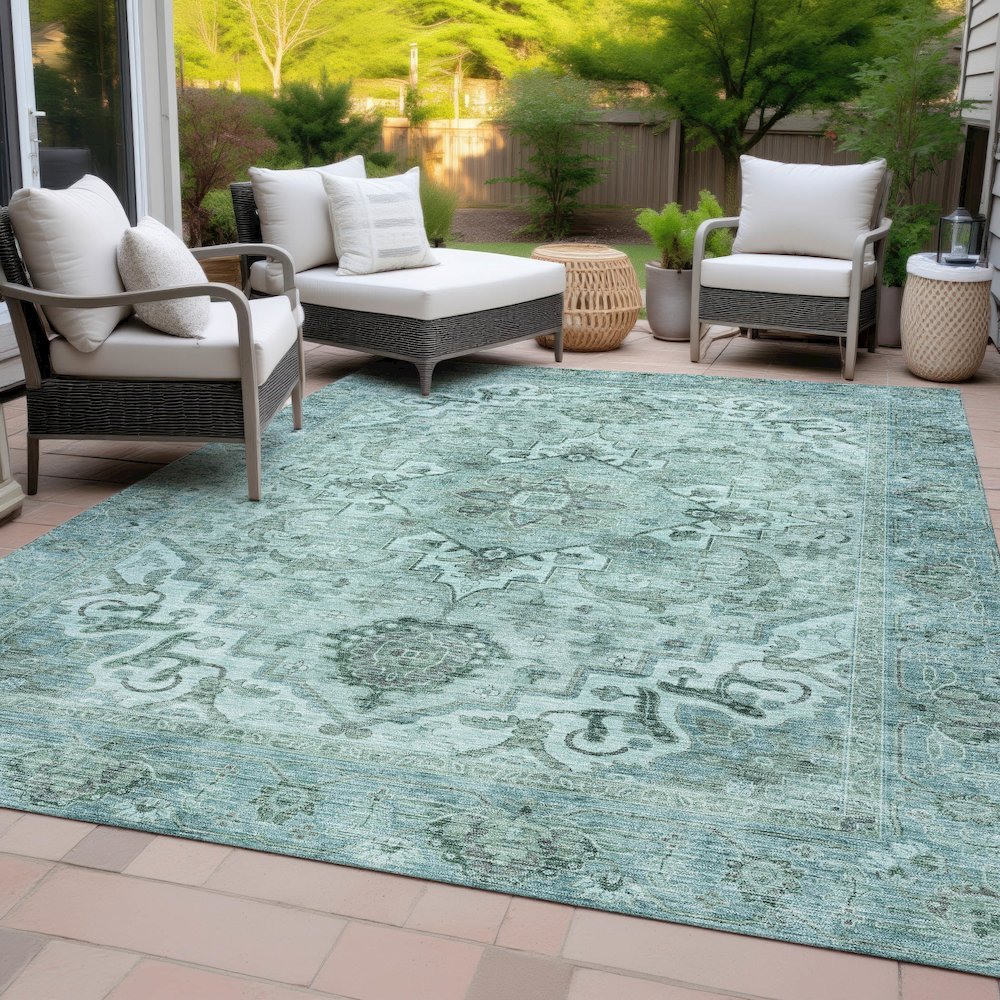 Machine Washable Indoor/Outdoor Chantille ACN2164 Teal 8' x 10' Rug. Picture 8