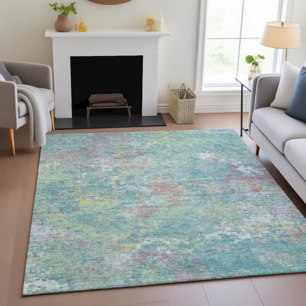 Machine Washable Indoor/Outdoor Chantille ACN2166 Teal 8' x 10' Rug. Picture 5