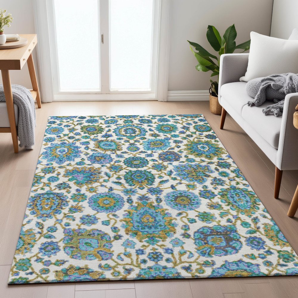 Machine Washable Indoor/Outdoor Chantille ACN2187 Aqua 8' x 10' Rug. Picture 5