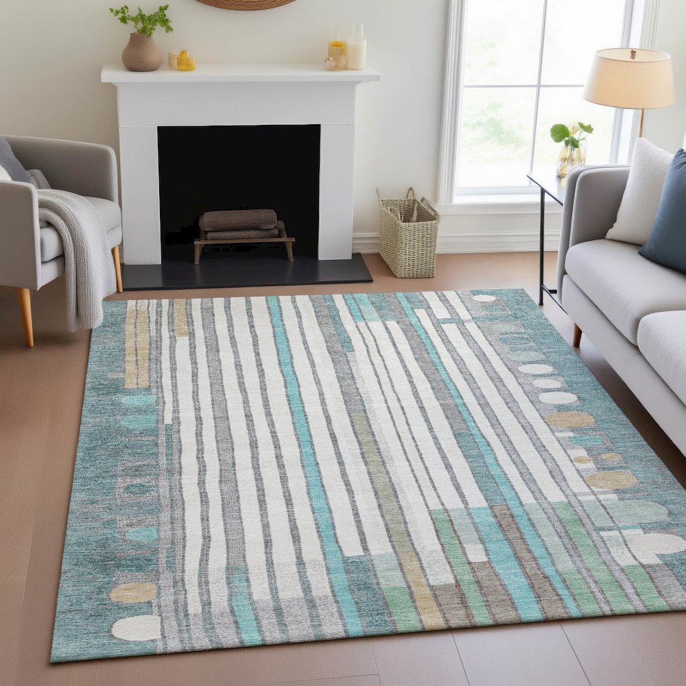 Machine Washable Indoor/Outdoor Chantille ACN2189 Teal 8' x 10' Rug. Picture 5