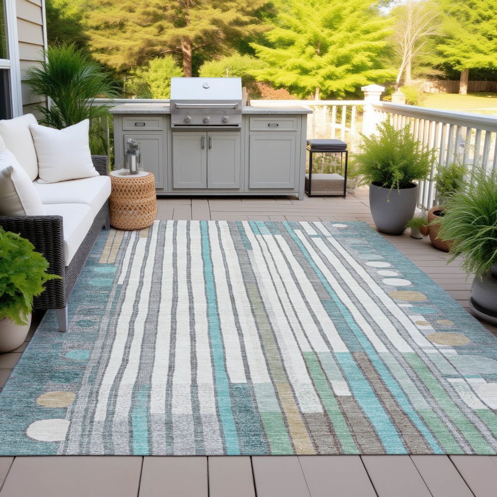 Machine Washable Indoor/Outdoor Chantille ACN2189 Teal 8' x 10' Rug. Picture 7