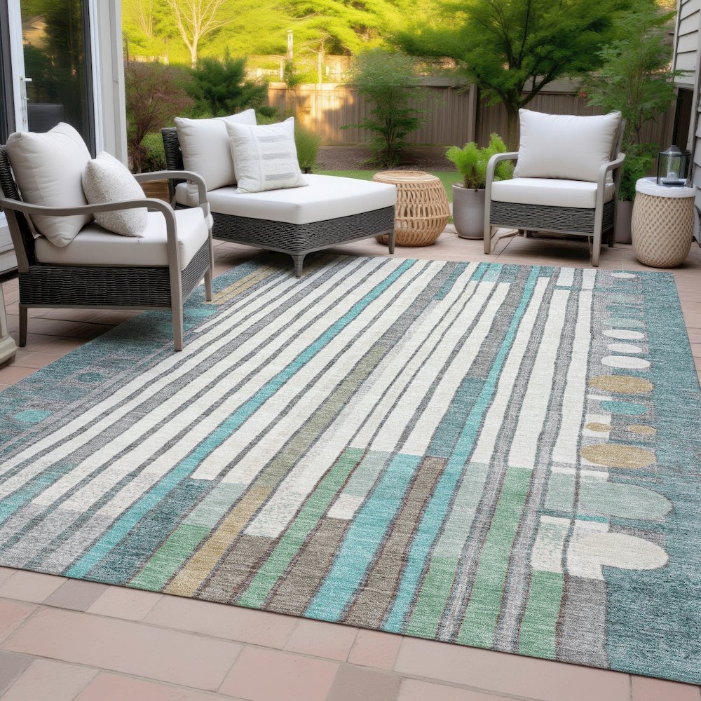 Machine Washable Indoor/Outdoor Chantille ACN2189 Teal 8' x 10' Rug. Picture 8