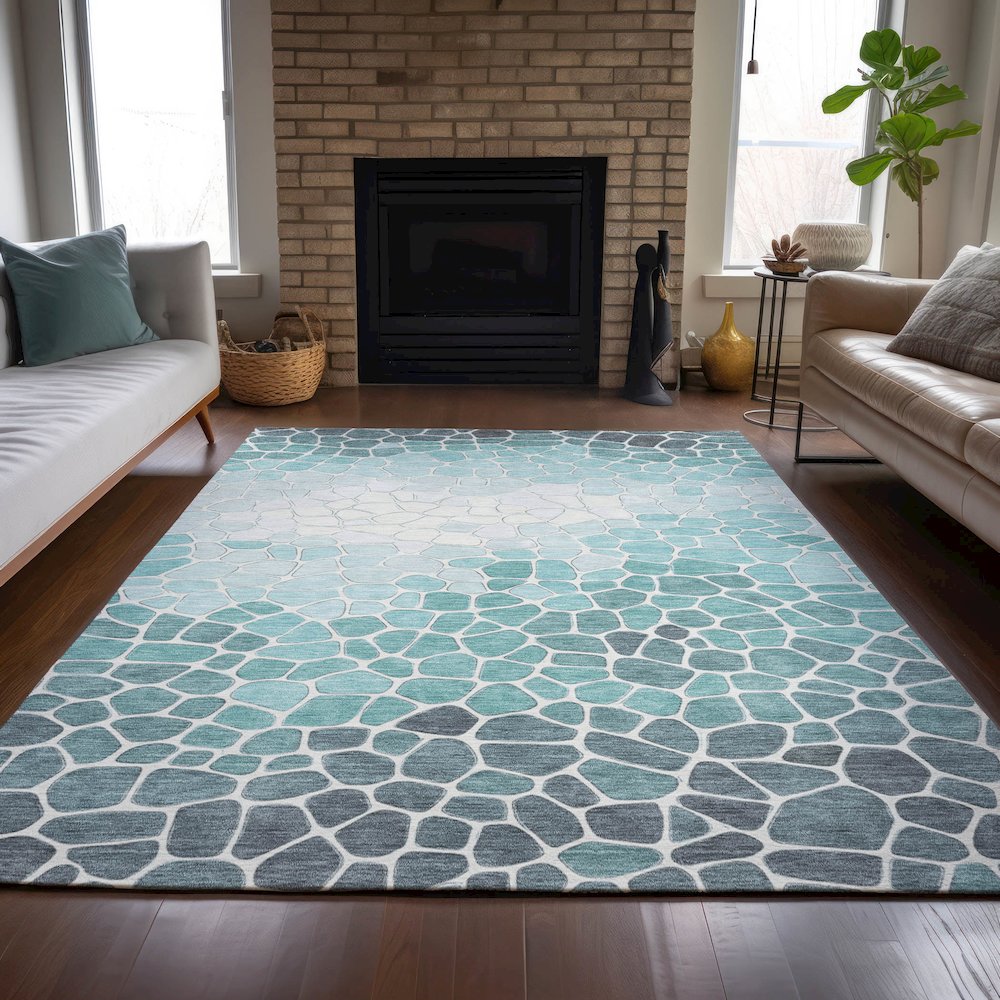Machine Washable Indoor/Outdoor Chantille ACN2190 Teal 8' x 10' Rug. Picture 6