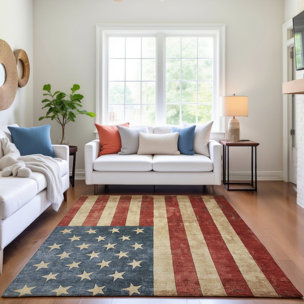 Machine Washable Indoor/Outdoor Americana Red 8' x 10' Rug. Picture 5