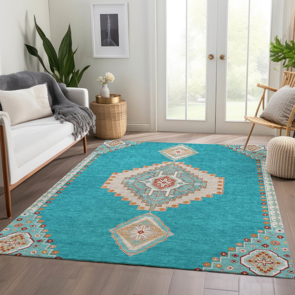 Premium Machine Washable Mayfield AMF1014 Teal 8' x 10' Rug. Picture 6
