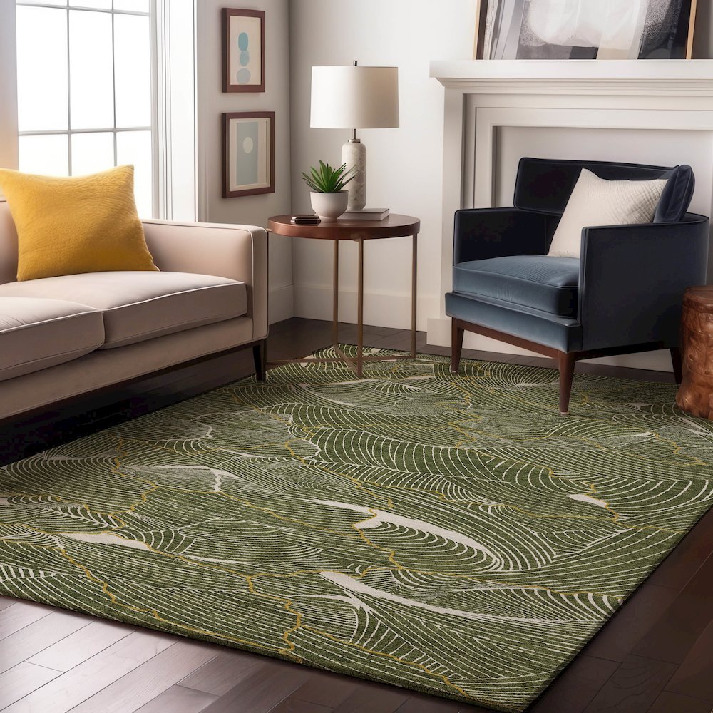 Premium Machine Washable Mayfield AMF1048 Olive 8' x 10' Rug. Picture 5