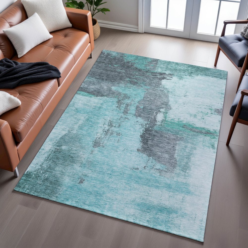 Premium Machine Washable Mayfield AMF1068 Teal 8' x 10' Rug. Picture 6