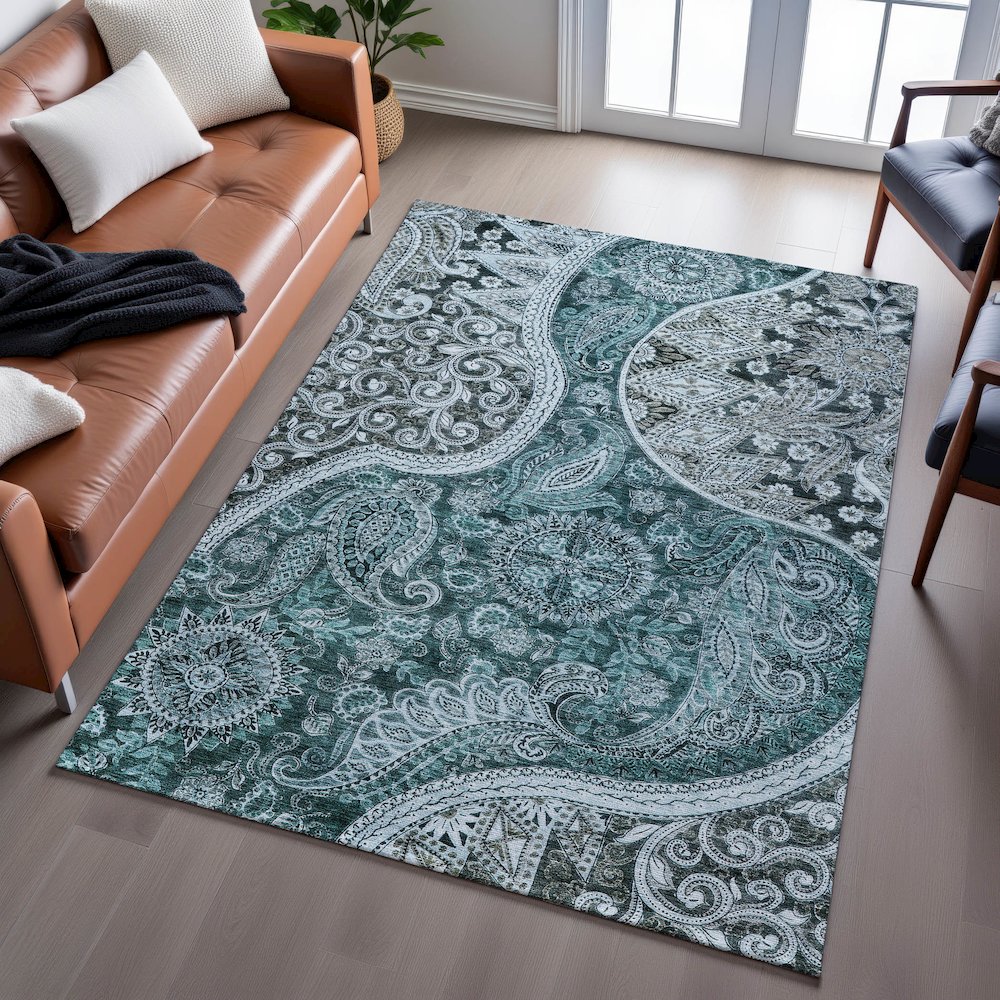 Premium Machine Washable Mayfield AMF1078 Teal 8' x 10' Rug. Picture 6