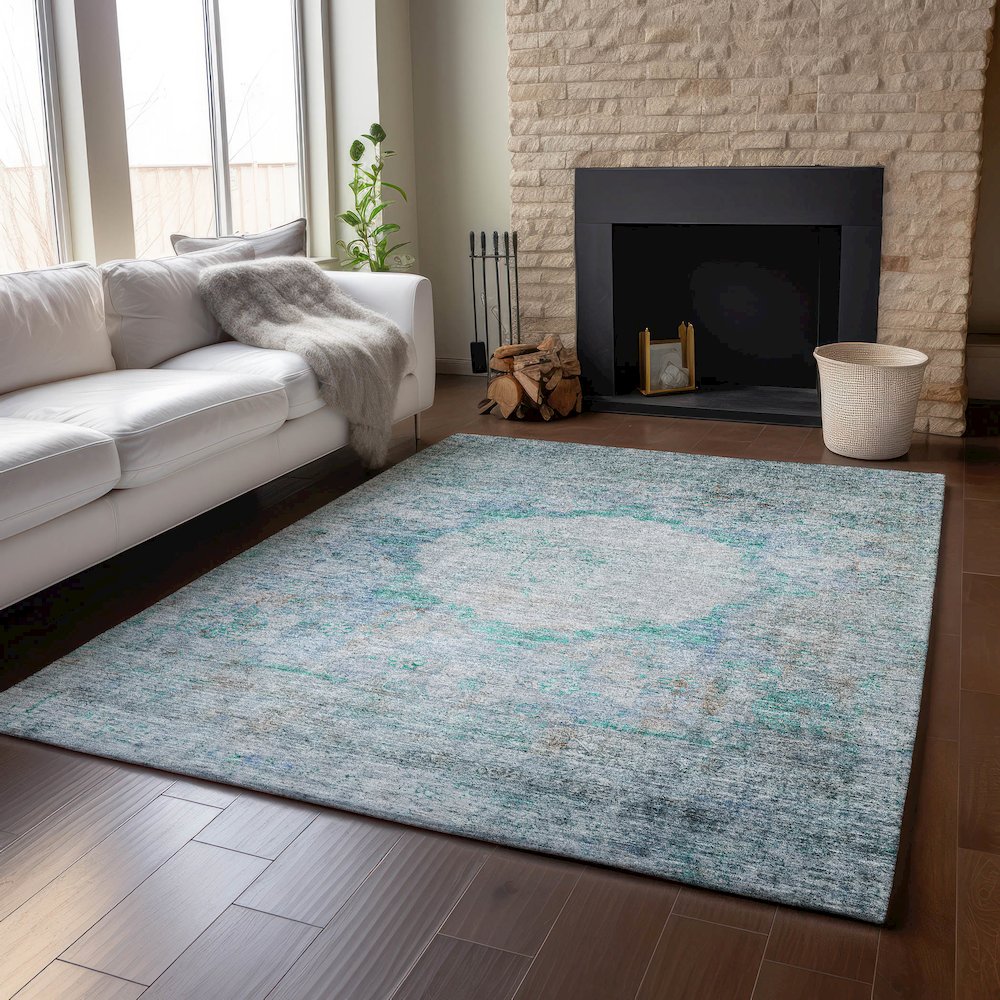 Premium Machine Washable Mayfield AMF675 Teal 8' x 10' Rug. Picture 6