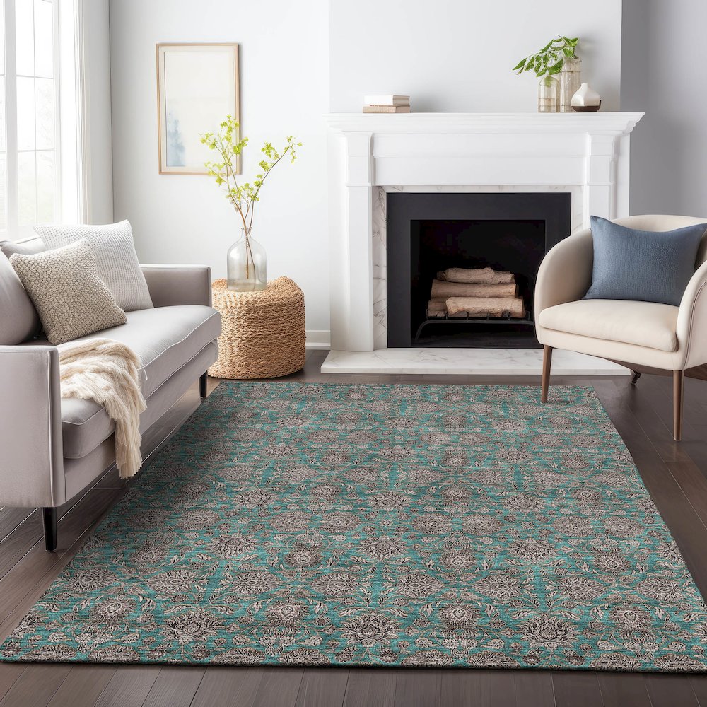Premium Machine Washable Mayfield AMF702 Teal 8' x 10' Rug. Picture 5