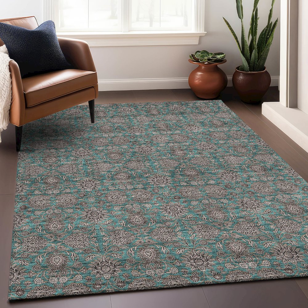 Premium Machine Washable Mayfield AMF702 Teal 8' x 10' Rug. Picture 6