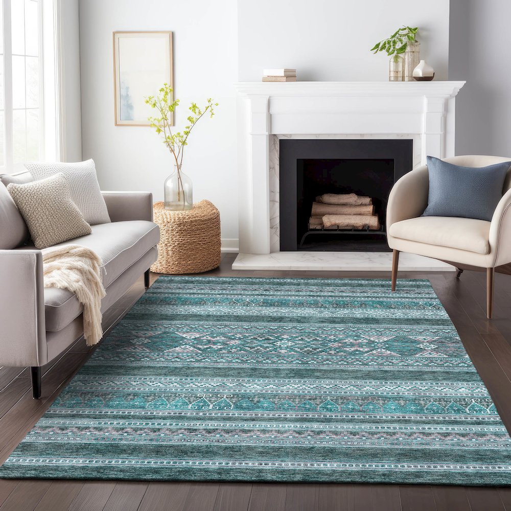 Premium Machine Washable Mayfield AMF714 Teal 8' x 10' Rug. Picture 5