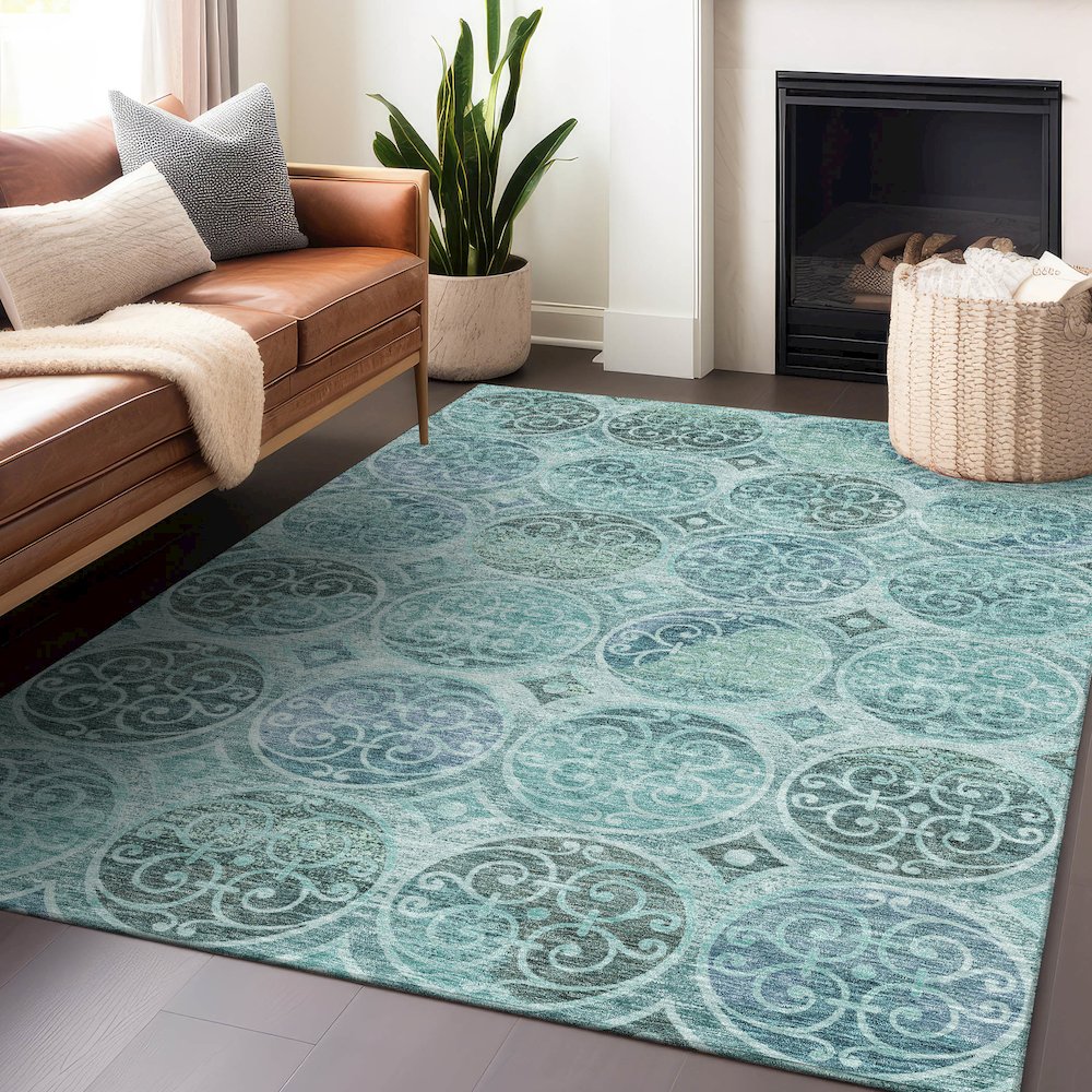 Premium Machine Washable Mayfield AMF738 Teal 8' x 10' Rug. Picture 6