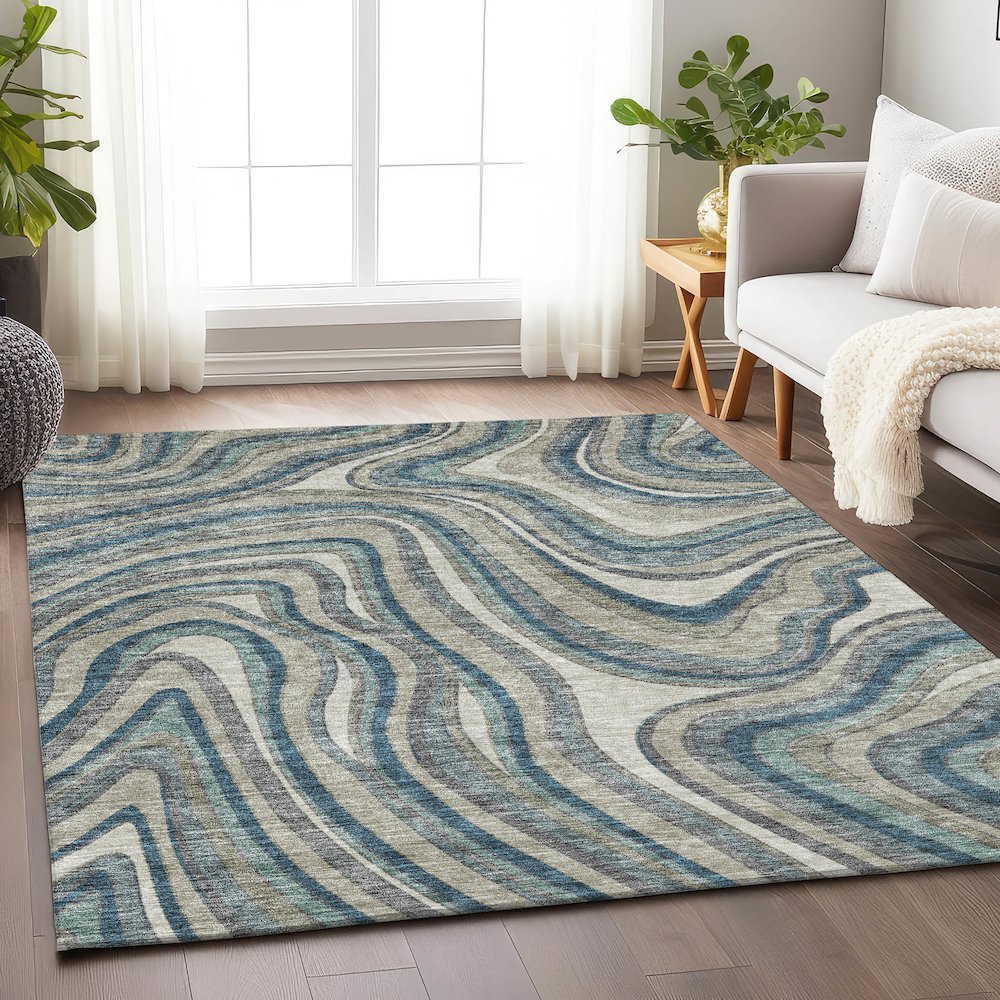 Premium Machine Washable Mayfield AMF756 Teal 8' x 10' Rug. Picture 5