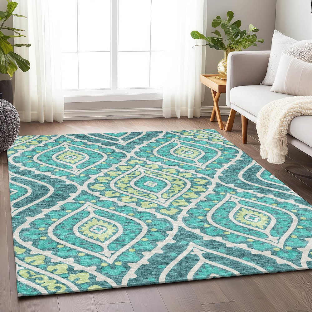 Premium Machine Washable Mayfield AMF761 Teal 8' x 10' Rug. Picture 5