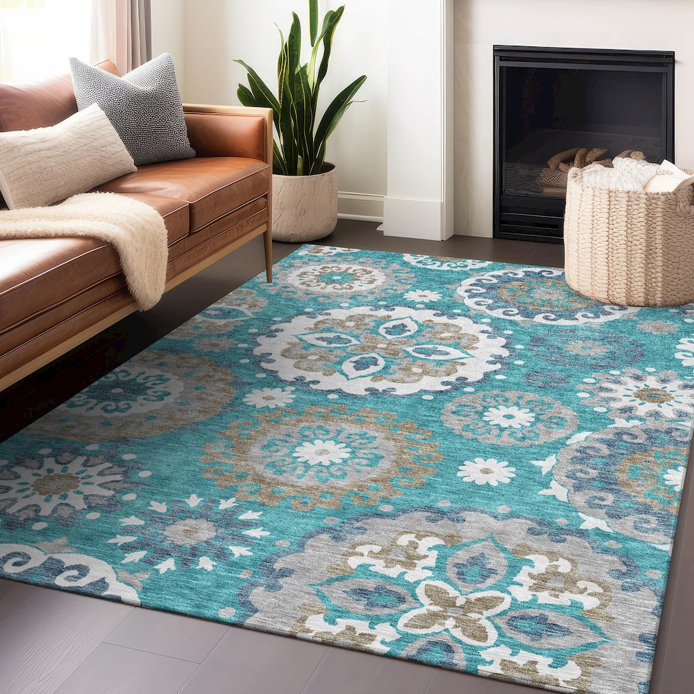 Premium Machine Washable Mayfield AMF763 Teal 8' x 10' Rug. Picture 6