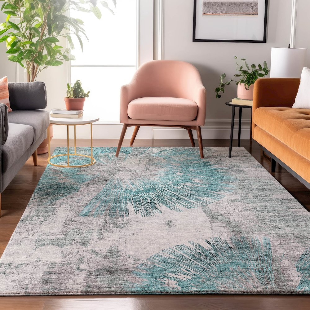 Premium Machine Washable Mayfield AMF773 Teal 8' x 10' Rug. Picture 5