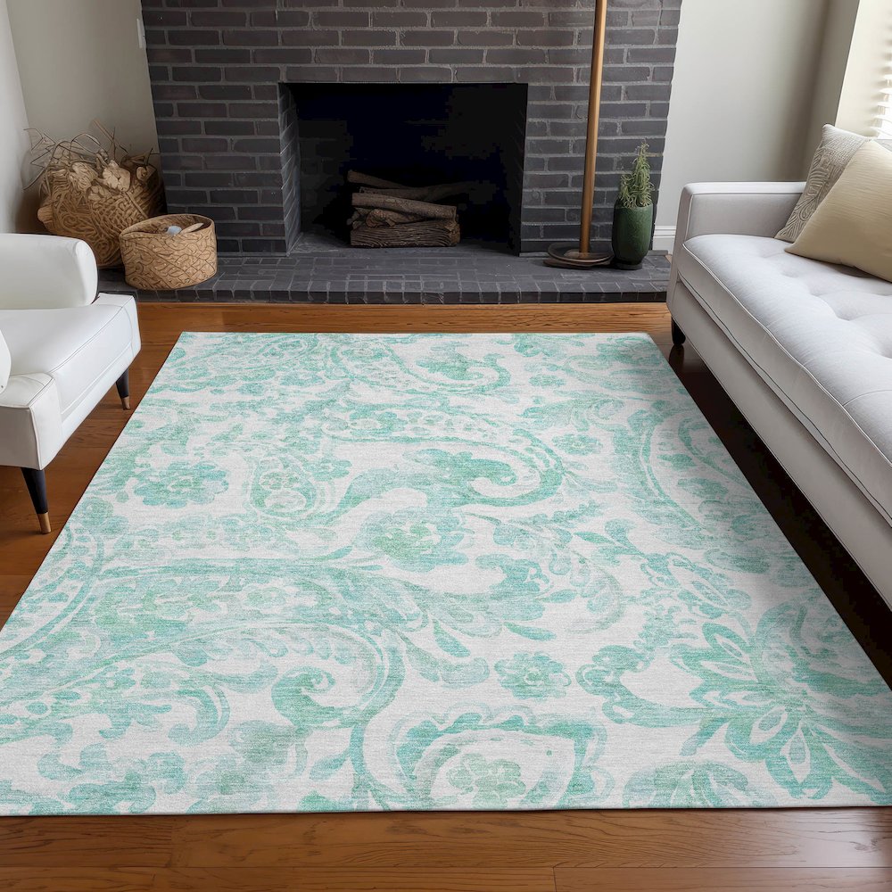 Premium Machine Washable Mayfield AMF835 Turquoise 8' x 10' Rug. Picture 5
