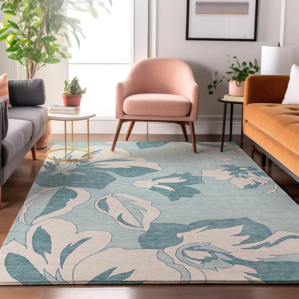 Premium Machine Washable Mayfield AMF857 Teal 8' x 10' Rug. Picture 5