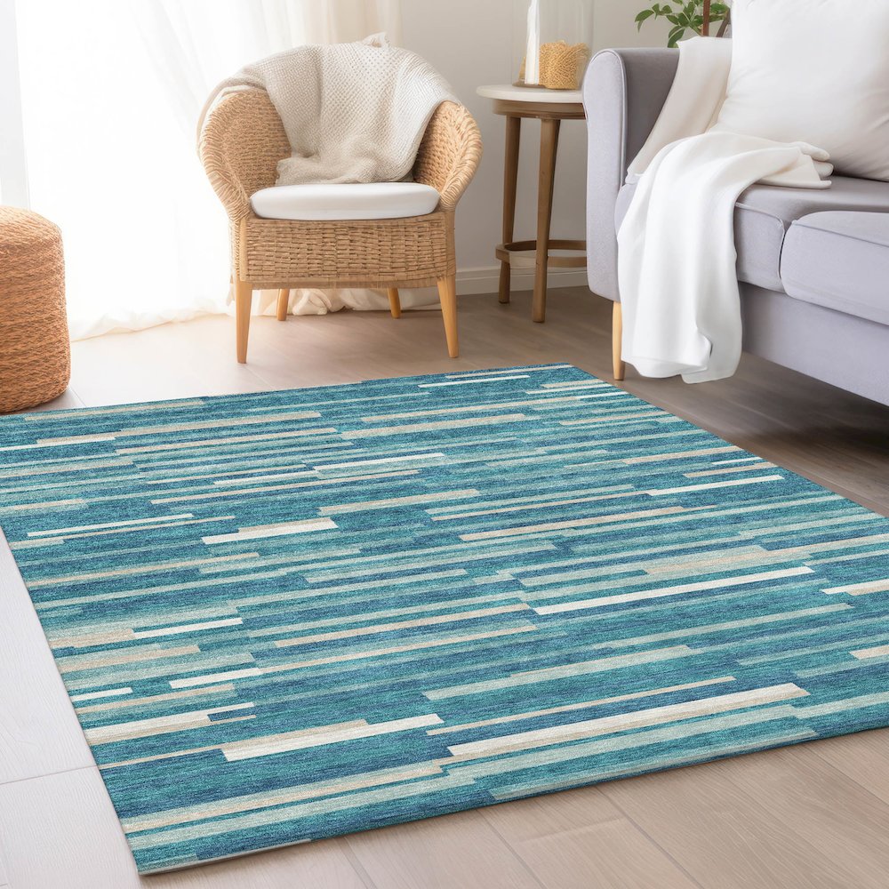 Premium Machine Washable Mayfield AMF894 Teal 8' x 10' Rug. Picture 5