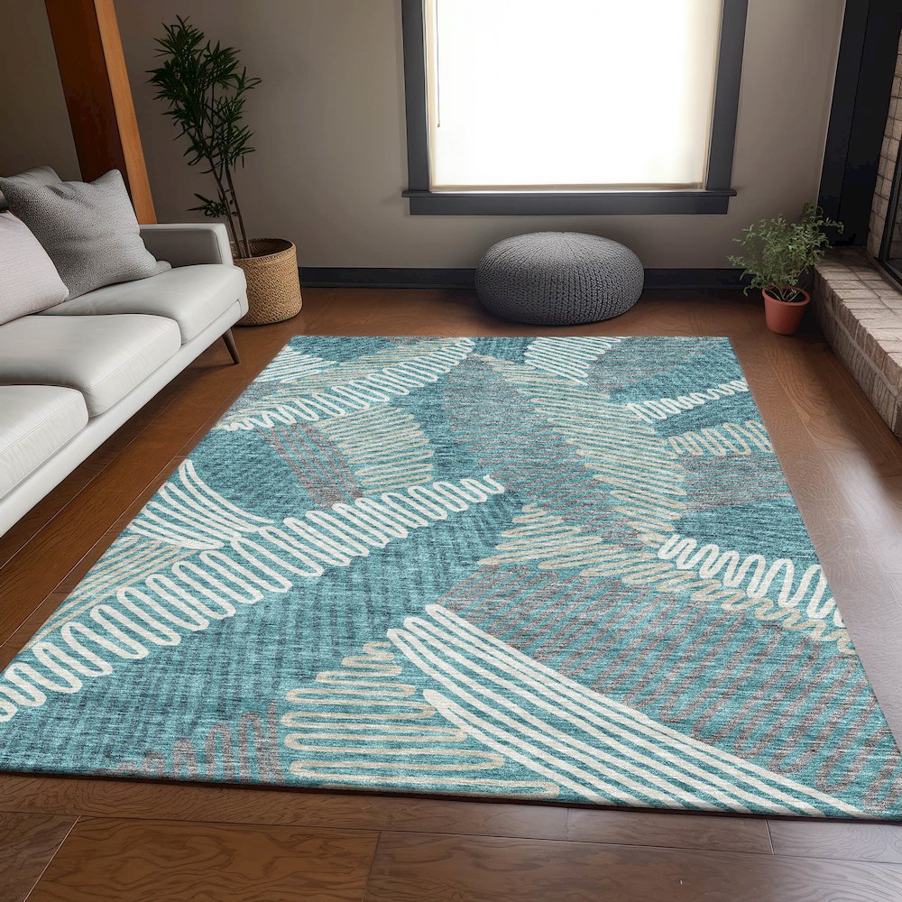 Premium Machine Washable Mayfield AMF904 Teal 8' x 10' Rug. Picture 6