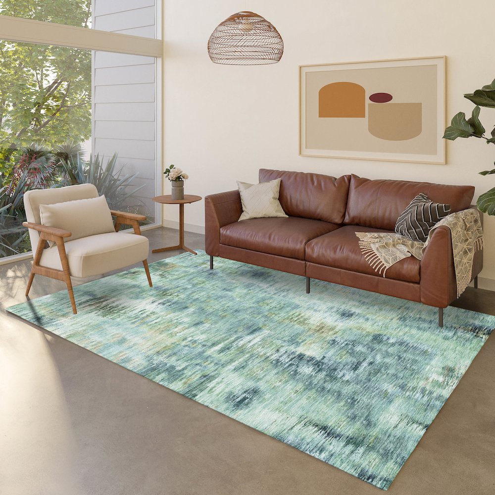Luxury Washable Indoor/Outdoor Kochi Teal 8' x 10' Rug. Picture 5