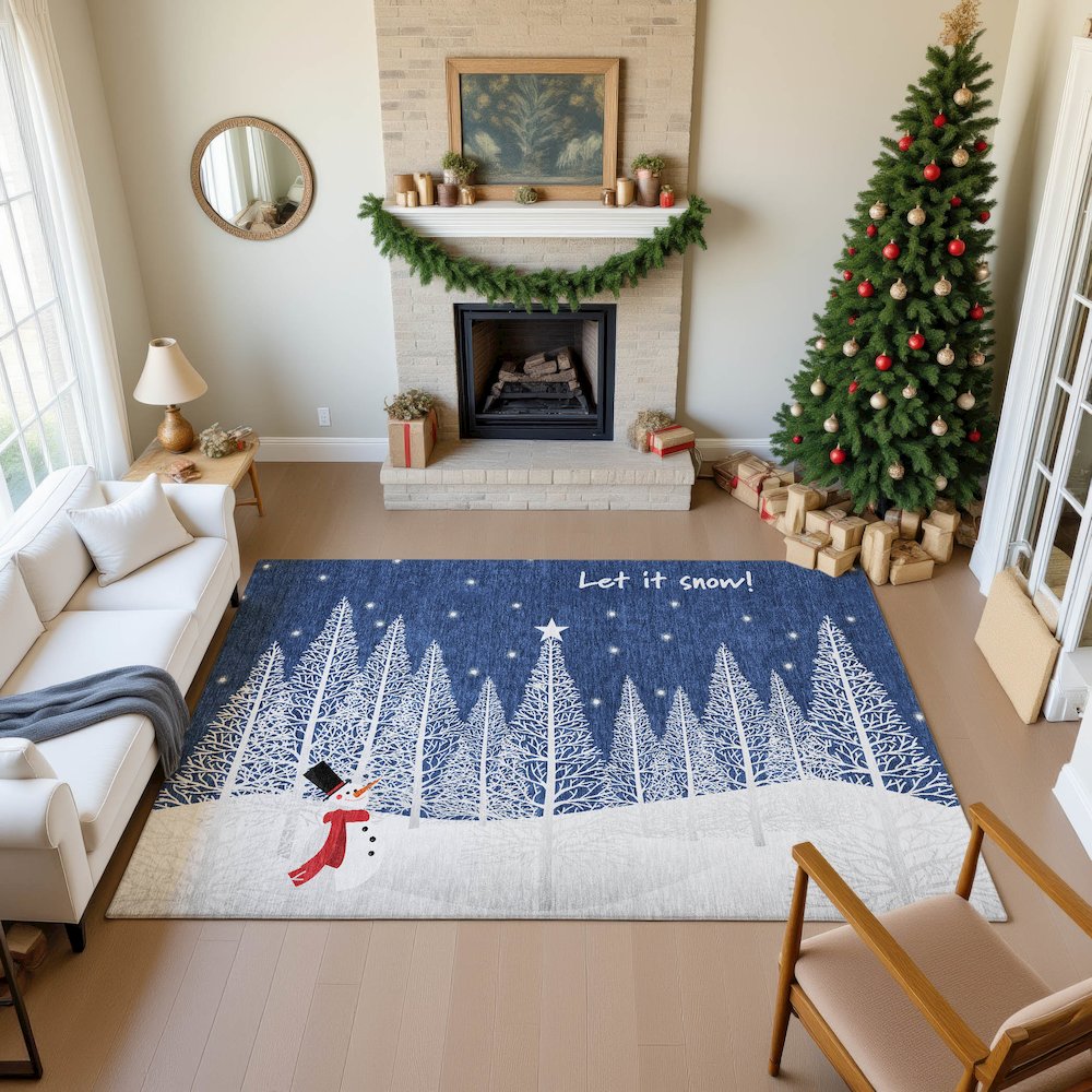 Luxury Washable Indoor/Outdoor Merry & Bright Navy 8' x 10' Rug. Picture 5