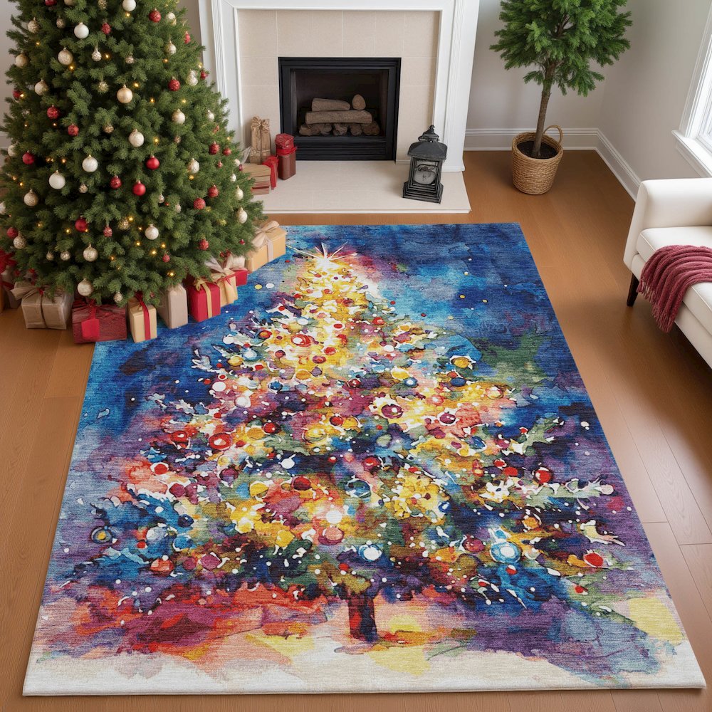 Luxury Washable Indoor/Outdoor Merry & Bright Navy 8' x 10' Rug. Picture 5