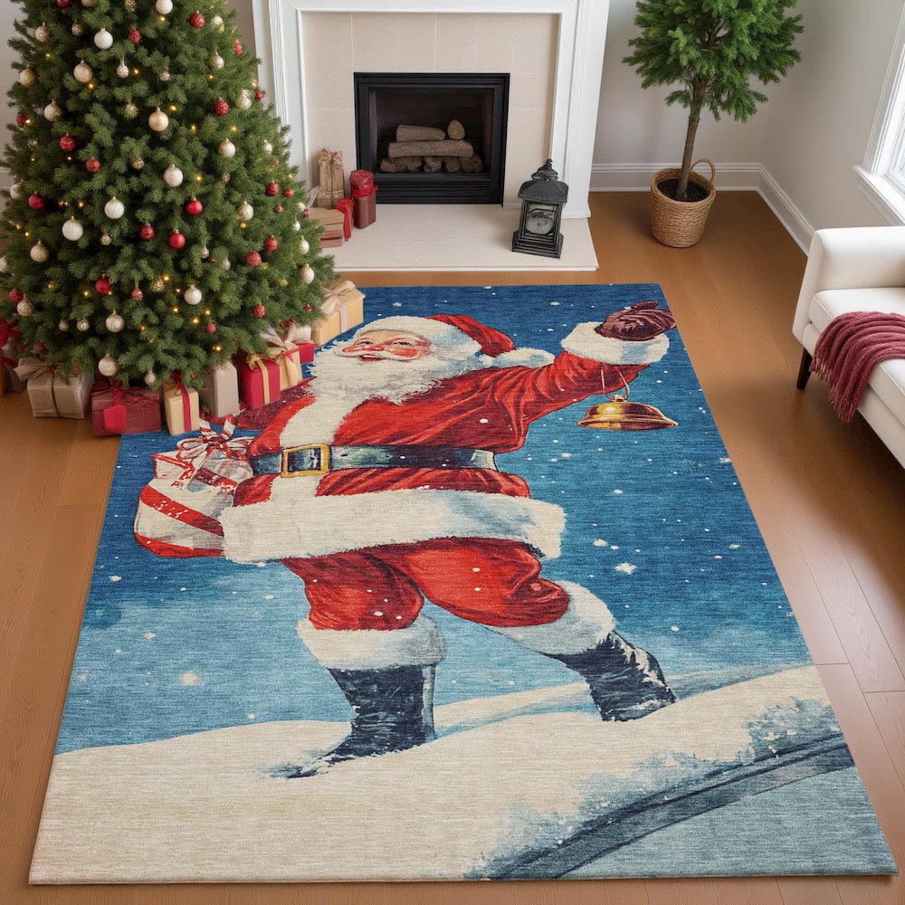 Luxury Washable Indoor/Outdoor Merry & Bright Blue 8' x 10' Rug. Picture 5