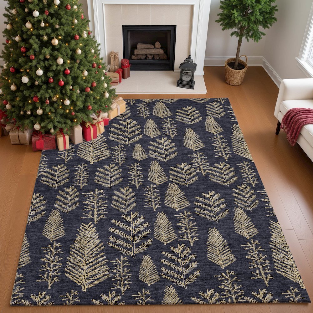 Luxury Washable Indoor/Outdoor Merry & Bright Black 8' x 10' Rug. Picture 5