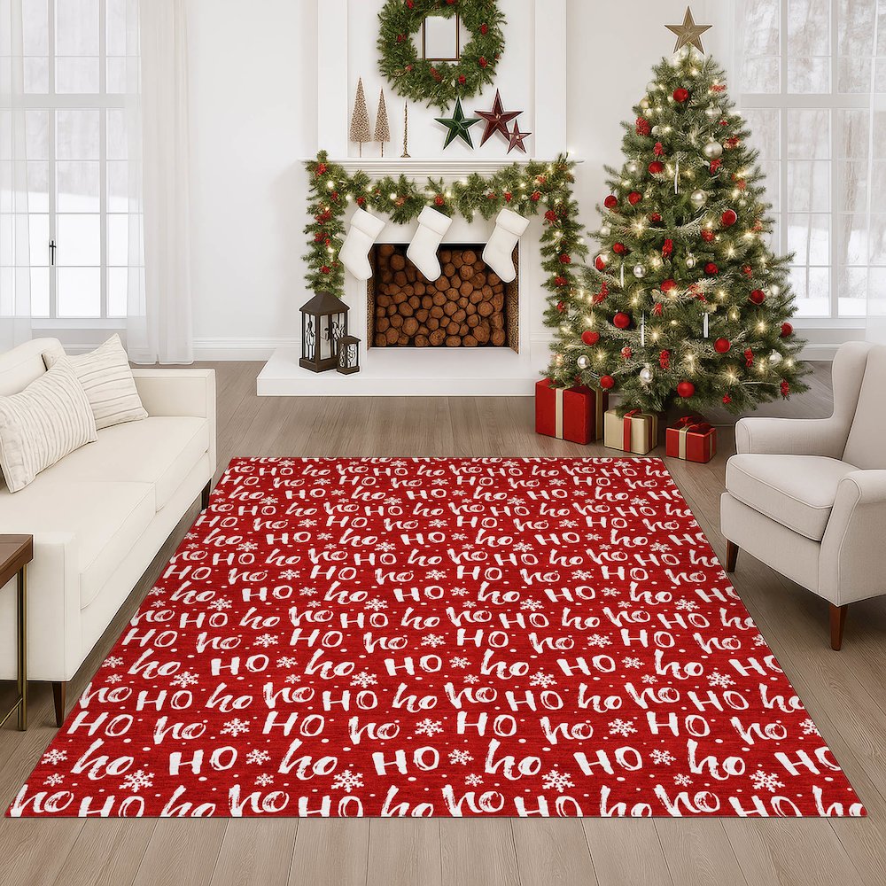 Luxury Washable Indoor/Outdoor Merry & Bright Red 8' x 10' Rug. Picture 6