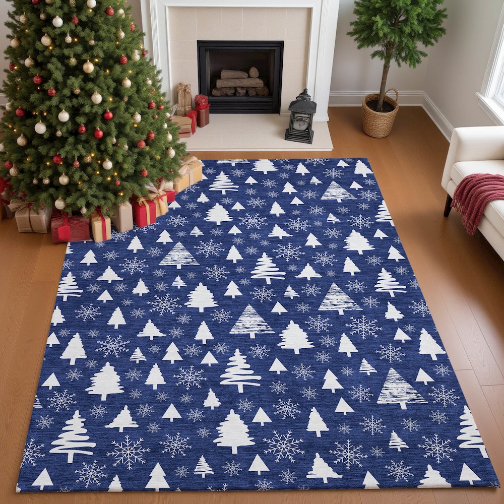 Luxury Washable Indoor/Outdoor Merry & Bright Navy 8' x 10' Rug. Picture 5